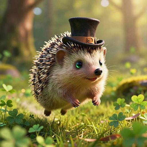 Cute Hedgehog with Top Hat in Shamrock Field