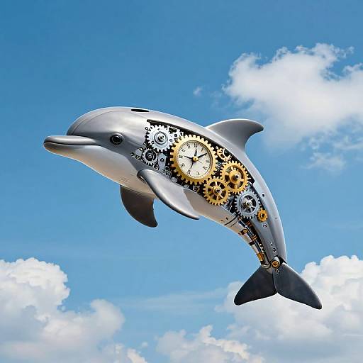 Photograph of a silver dolphin with intricate gold gears and clockwork designs on its body, flying against a bright blue sky with fluffy white clouds.