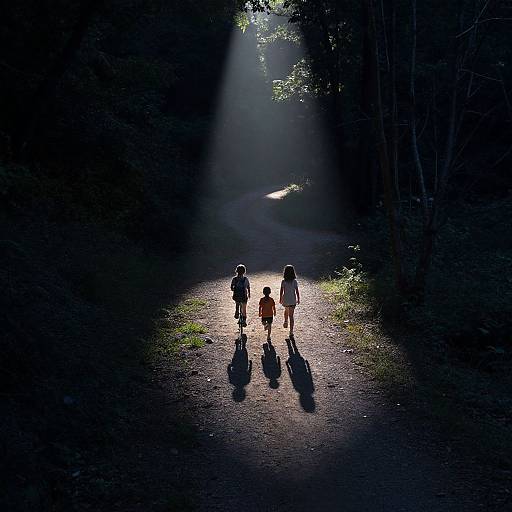 Silhouetted photograph of three children walking down a sunlit forest path, their long shadows stretching ahead, surrounded by dark trees.