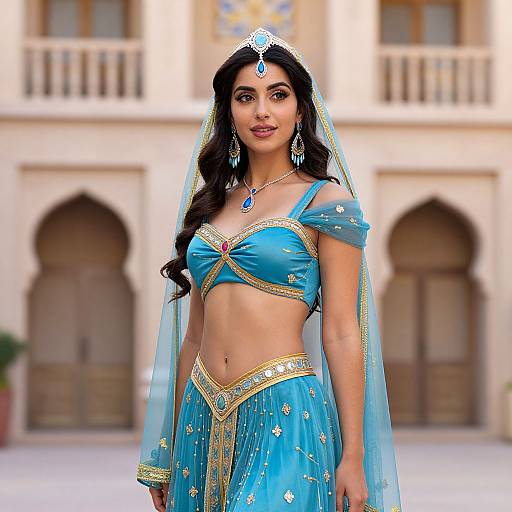 Photograph of an Indian woman in a blue traditional lehenga with gold embroidery, veil, and jewelry, standing in front of an arched building.