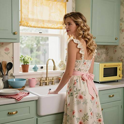 Charming Woman in Floral Kitchen Scene
