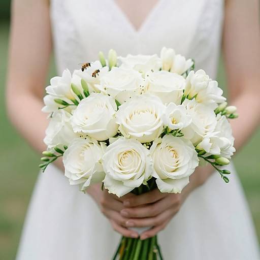 Photograph of a bride holding a bouquet of white roses with a small bee, wearing a white lace dress, blurred green background.
