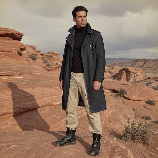 Photograph of a serious-looking man with short dark hair, wearing a black coat, black turtleneck, beige pants, and black boots, standing