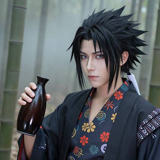 Photograph of a young man with spiky black hair, pale skin, wearing a black kimono with colorful floral patterns, holding a dark brown bottle