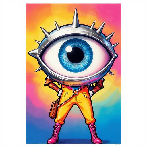 Colorful digital art of a humanoid with a spiked, blue-eyed head, wearing yellow pants, red boots, and a brown belt, standing confidently against