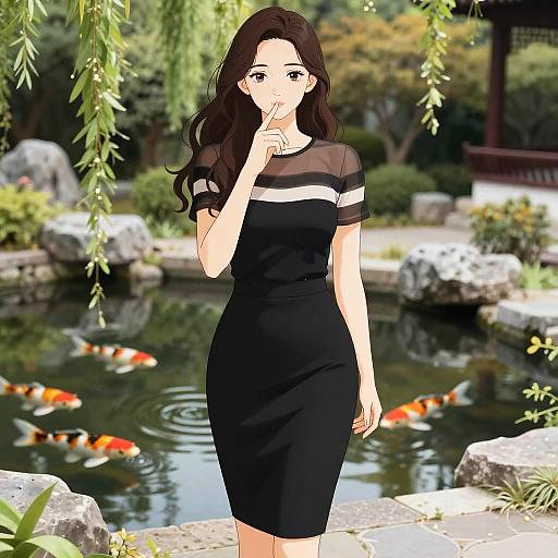 Willowy Woman by Koi Pond