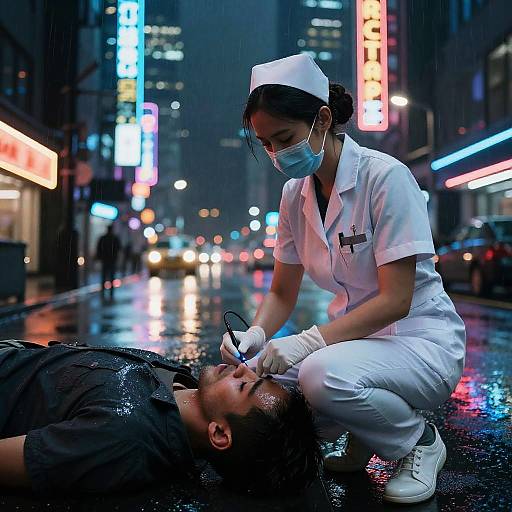 Cyberpunk Nurse in Neon Cityscape