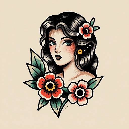 Vintage-style tattoo of a fair-skinned woman with black hair, adorned with red and white flowers, green leaves, and a yellow earring.