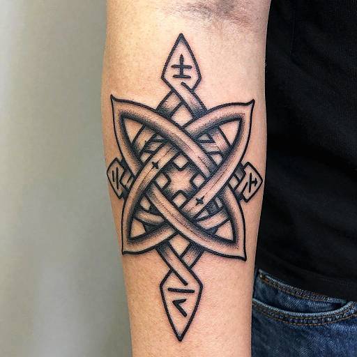Photograph of a black ink tattoo on a forearm featuring an intricate Celtic knot design with intersecting arrows. Skin is light-toned, background is plain