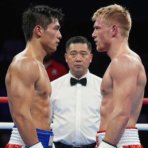 Intense Face-off Between Boxers in Ring