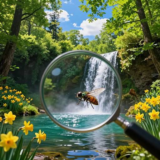 Photograph: Magnifying glass focuses on a dragonfly above a waterfall in a vibrant forest, surrounded by yellow daffodils and lush greenery