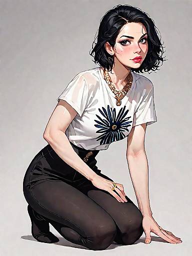 Stylish Woman in Casual White T-shirt and Black Leggings