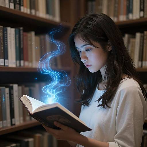 Photograph of a young woman with long dark hair, wearing a white sweater, reading a book with blue magical flames emitting from the pages, in a