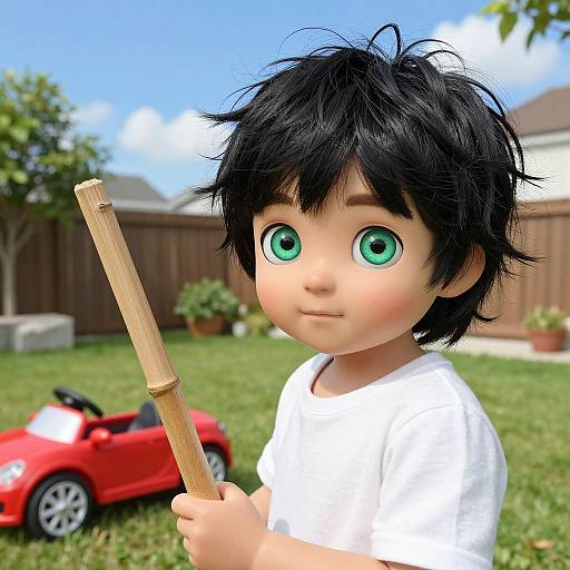 Digital CGI image of a cute, young boy with large green eyes, black messy hair, holding a wooden stick, wearing a white shirt, in a