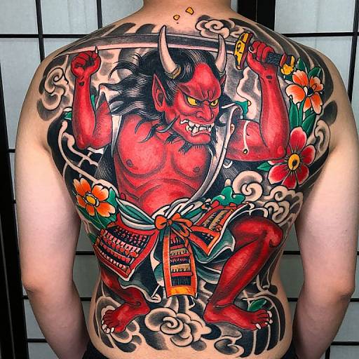 Photograph of a man's back featuring a vibrant, traditional Japanese-style tattoo of a red, muscular demon with horns, flowers, and a kimono