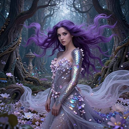 Fantastical digital artwork of a purple-haired woman in a shimmering, flower-adorned, silver dress, floating in a mystical, enchanted forest