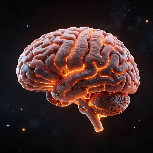 Digital CGI of a glowing, fiery brain with vibrant orange and red lights against a dark, starry space background.
