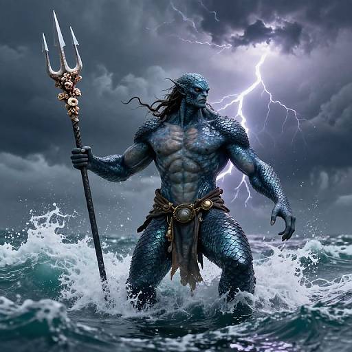 Aquatic Warrior Emerging from Stormy Waves