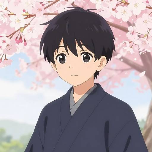 Anime-style digital drawing of a young boy with black hair, large black eyes, wearing a dark blue kimono, against a backdrop of pink cherry bloss