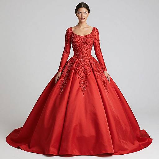 Photograph of a woman in a vibrant red, long-sleeved, intricately embroidered ball gown with a full skirt, standing against a plain white