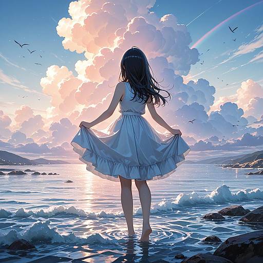 Digital artwork of a girl with long hair, wearing a white dress, standing in shallow water at sunset, holding her skirt, with clouds and birds in