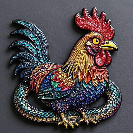 Vibrant, mosaic-style rooster with colorful, patterned feathers and intricate details, standing on a dark background, creating a striking contrast.
