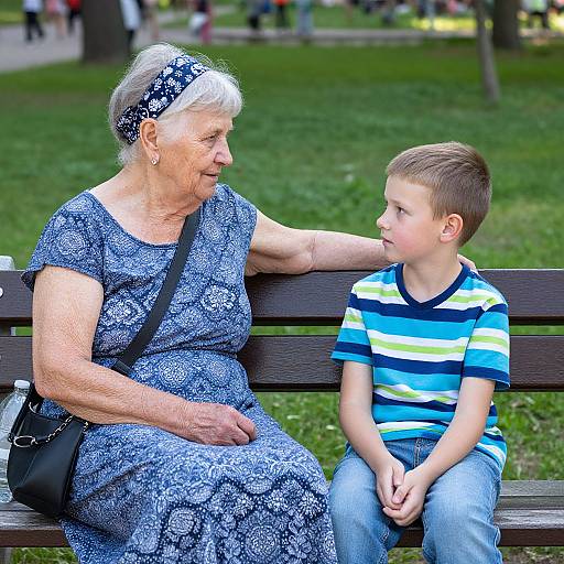 Photograph of an elderly white woman with white hair, wearing a blue patterned dress and headscarf, sitting on a bench, gently touching a