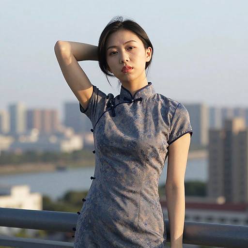 Realistic Girl in Qipao with Skyline