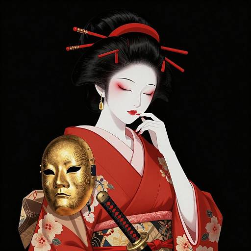 Digital Illustration of Female Geisha with Katana and Gold Mask