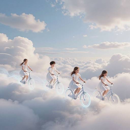 Four ethereal women in white dresses riding bicycles on a sea of fluffy clouds, under a bright blue sky with scattered clouds. Digital art.