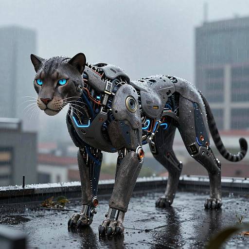 Cybernetic Panther on Rainy Rooftop
