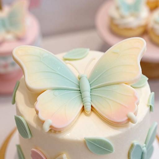Photograph of a pastel-colored buttercream cake adorned with a large, detailed, light green and pink butterfly topper, surrounded by small pastel