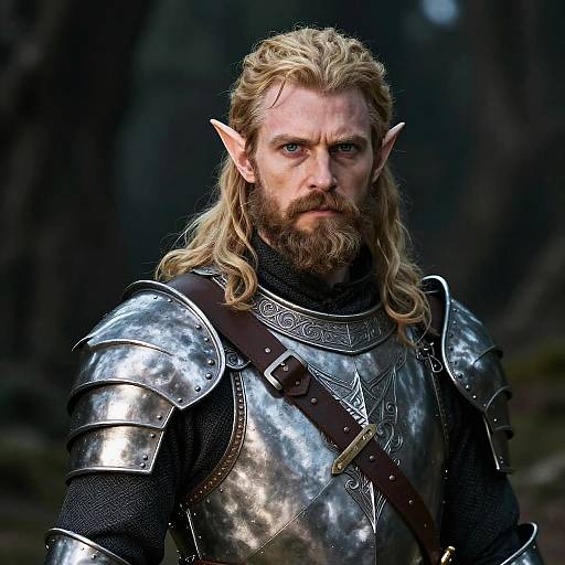 Photorealistic CGI of a muscular, blonde, bearded elf warrior with pointed ears, wearing shiny silver armor and intense blue eyes, set against a