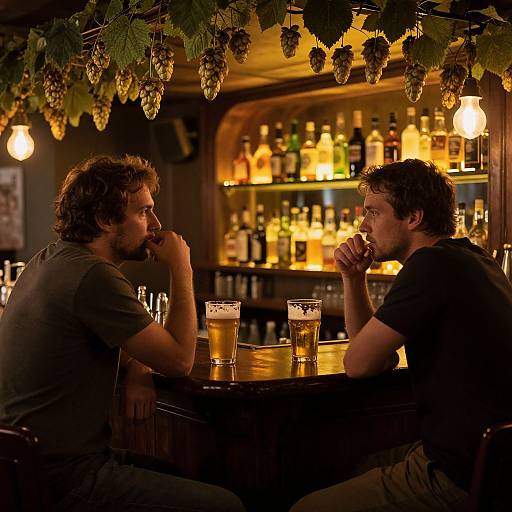 Photograph of two bearded men with curly hair, sitting at a dimly lit bar, facing each other, with beer glasses on a wooden table