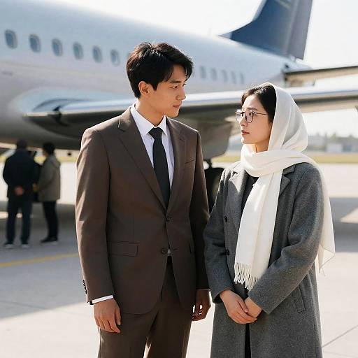 Couple by Silver Airplane in Sunlight