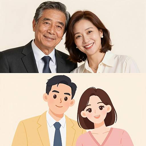 Smiling Asian Couple and Cartoon Duo