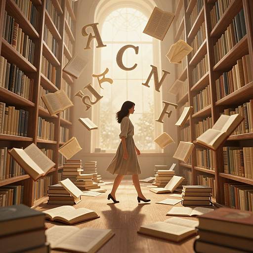 Digital illustration of a silhouetted girl in a dress walking through a sunlit library with floating books and large letters 