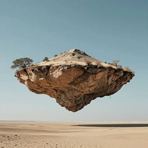 Photograph of a massive, rocky, island-like formation floating in a clear blue sky over a vast, sandy desert landscape.