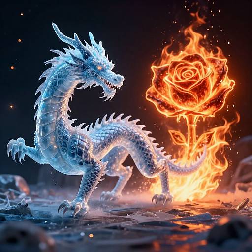 Digital CGI artwork of a glowing blue dragon with icy scales and sharp teeth, standing on rocky ground, with an orange, flaming rose emerging from its tail