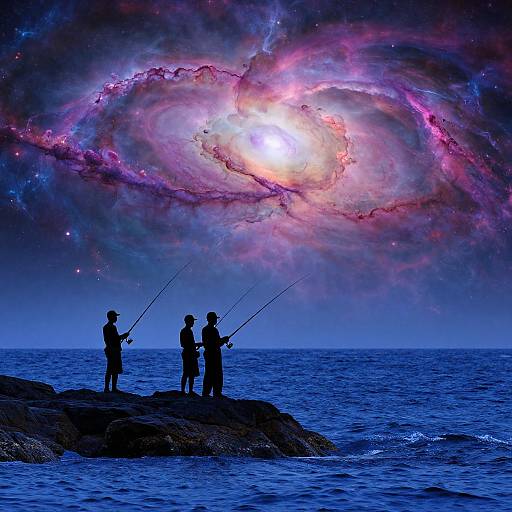 Silhouetted fishermen on rocky shore, fishing under a vibrant, colorful galaxy with glowing core above a dark blue ocean. Digital art.