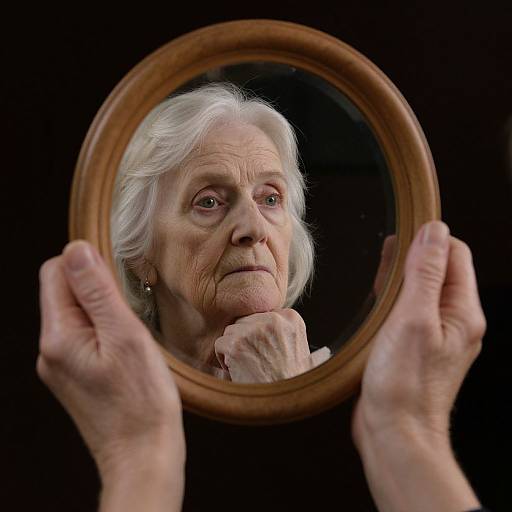 Photograph of an elderly white woman with white hair, reflected in a circular wooden mirror, holding the mirror with both hands. Black background.