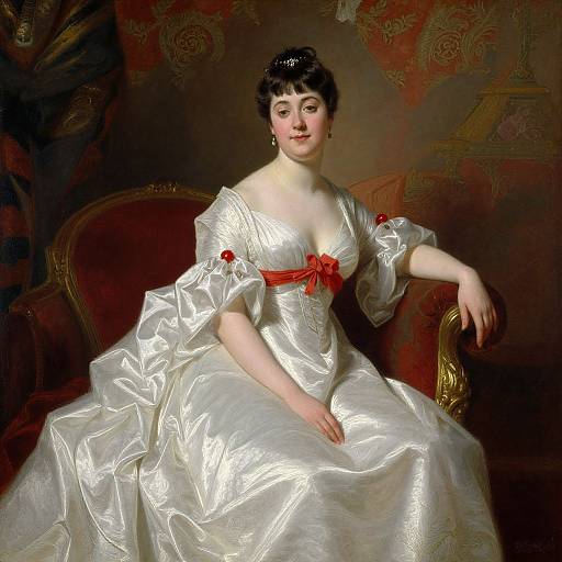 Classical painting of a fair-skinned woman with dark hair, wearing a shiny white satin dress with red ribbon, sitting on an ornate red chair
