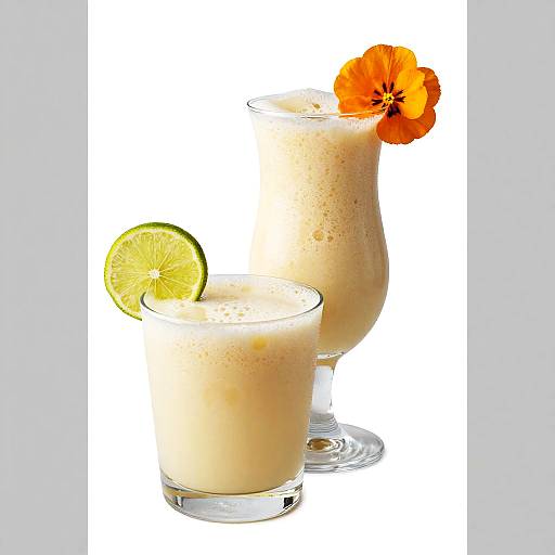 Photograph of two tropical cocktails, one with a lime slice, the other with an orange flower, both frothy and glassed, on white background