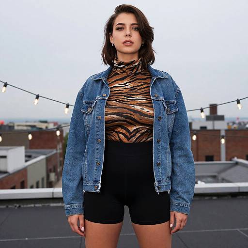 Photograph of a young woman with fair skin and brown hair, wearing a zebra-print top, black shorts, and a blue denim jacket, standing