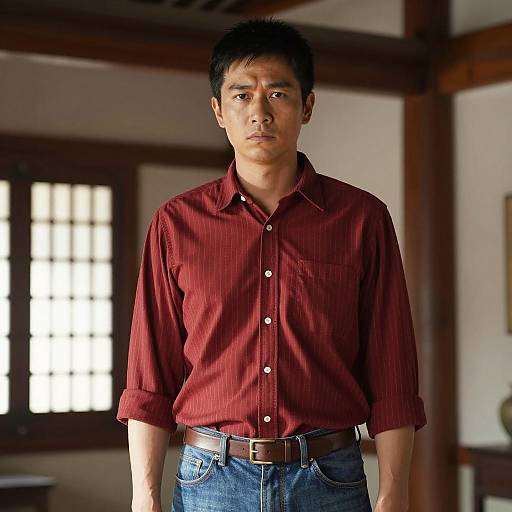 Serious Asian Man in Red Shirt Indoors