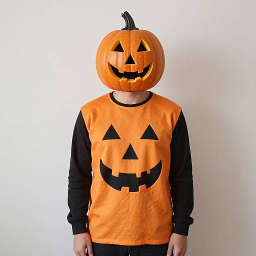 Photograph of a person wearing an orange pumpkin head with a carved jack-o'-lantern face, black long-sleeve shirt, and orange vest