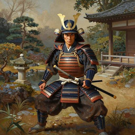 Realistic Samurai in Serene Garden