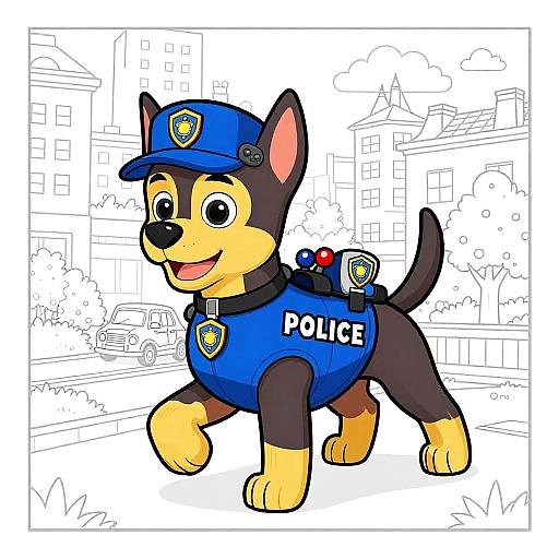 Cute cartoon police dog in blue uniform and cap, with 