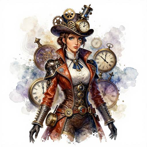 Digital painting of a steampunk woman with blue eyes, brown hair, red coat, black gloves, and clock-filled hat, set against a water