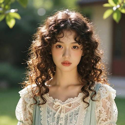 Photograph of a young Asian woman with curly brown hair, wearing a lace, white, long-sleeve blouse, standing in sunlight, with a